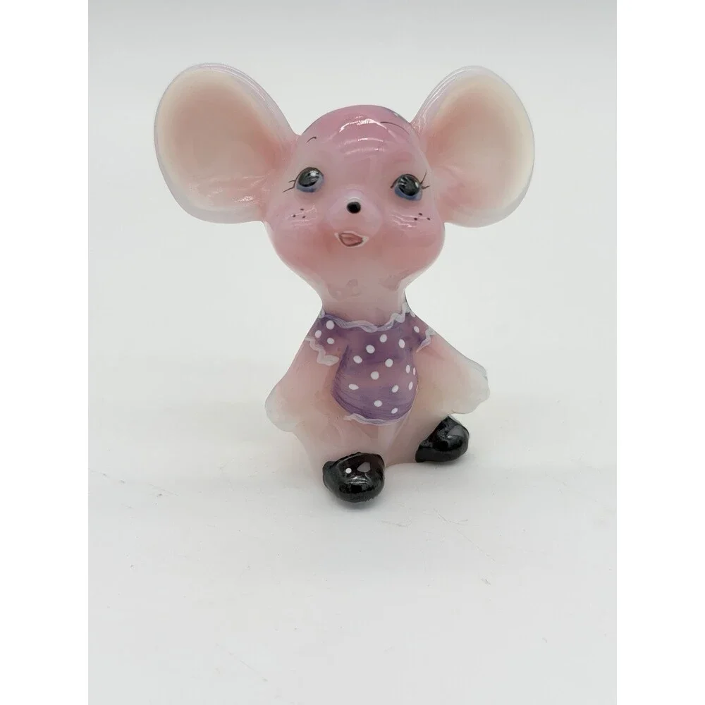 Fenton Art Glass Rosalene Purple Polka Dot Dress Hand Painted Mouse Figurine